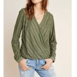 Mauve by Anthropologie Green Textured Wrap Audre Top with Button